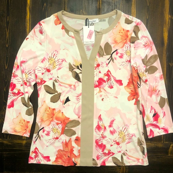 Calvin Klein 🌸 Women's 3/4 Sleeve BEAUTIFUL Floral Blouse SZ Small - Picture 4 of 8